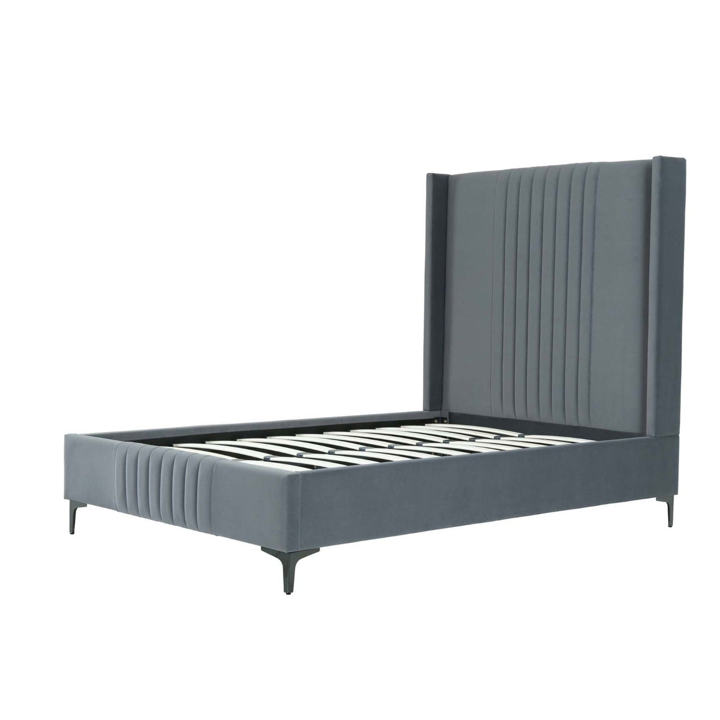 Promenade upholstered bed frame in gray with tall channel-tufted headboard and slats on Tampa Home & Garden Store