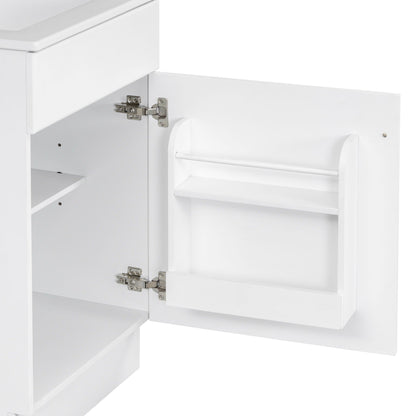 Bathroom Vanity with Sink and Adjustable Shelf white finish interior shows shelf and hinges on Tampa Home & Garden Store