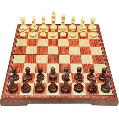 Magnetic chess set on wood-like board with light beige and dark brown starting pieces on Tampa Home & Garden Store