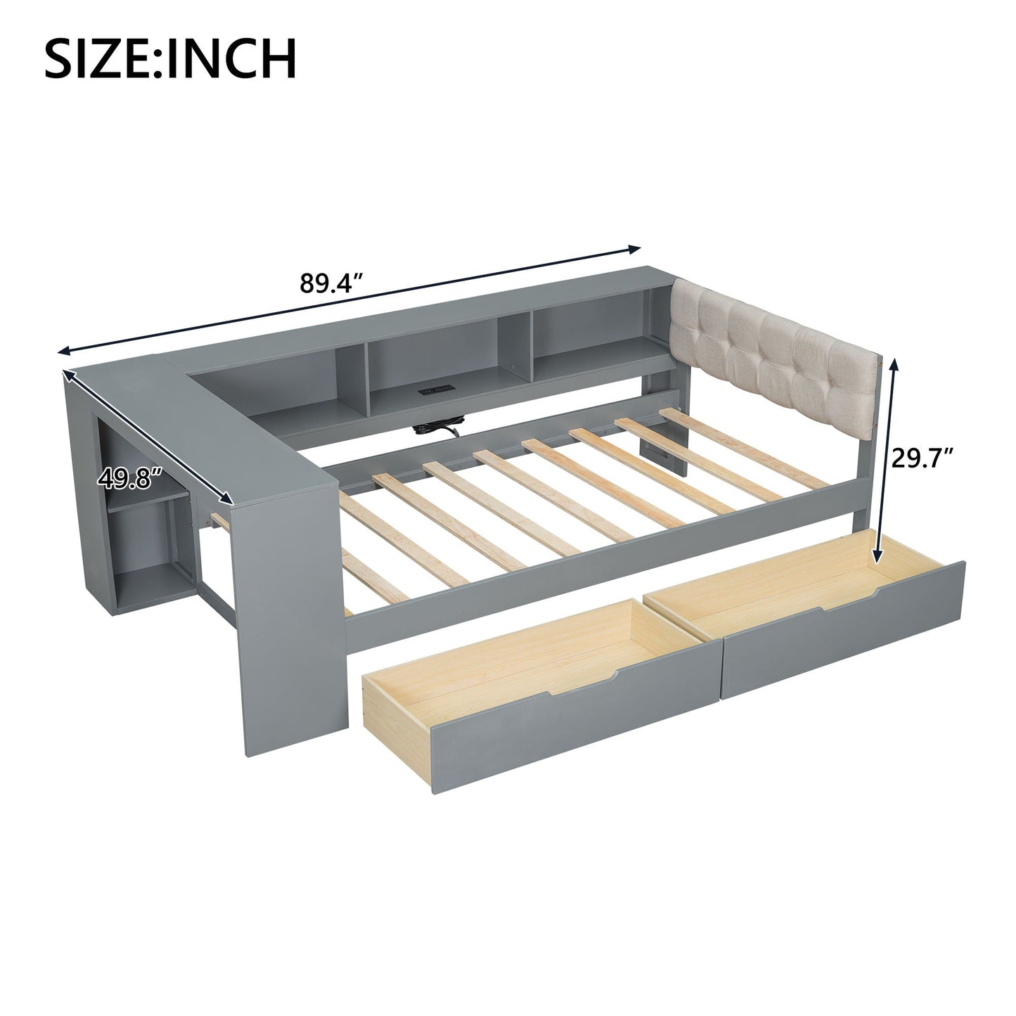 HouseOfZazla upholstered gray platform bed with storage shelves, drawers, charging station on Tampa Home & Garden Store