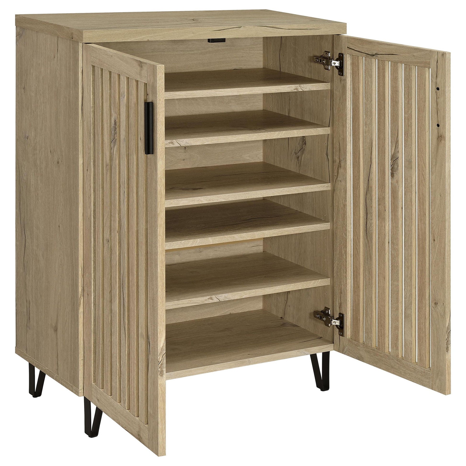 Clackamas 2-door accent cabinet in natural wood with slatted doors and adjustable shelves on Tampa Home & Garden Store