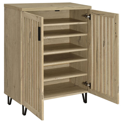 Clackamas 2-door accent cabinet in natural wood with slatted doors and adjustable shelves on Tampa Home & Garden Store