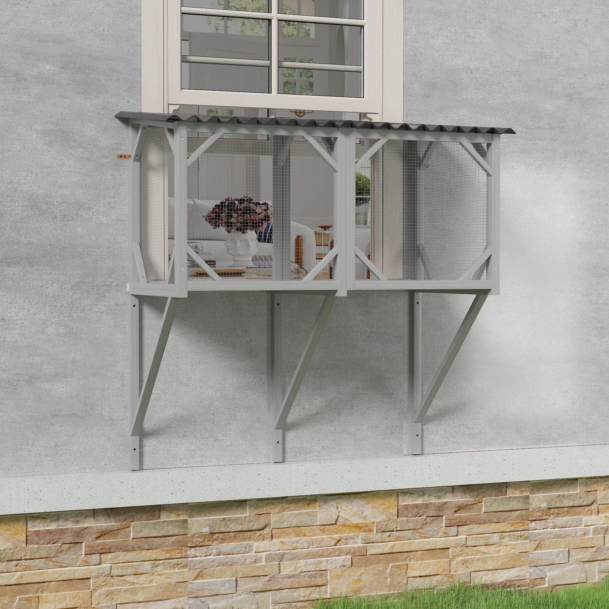Cat Window Box outdoor cage in gray powder-coated metal with mesh sides under a window on Tampa Home & Garden Store