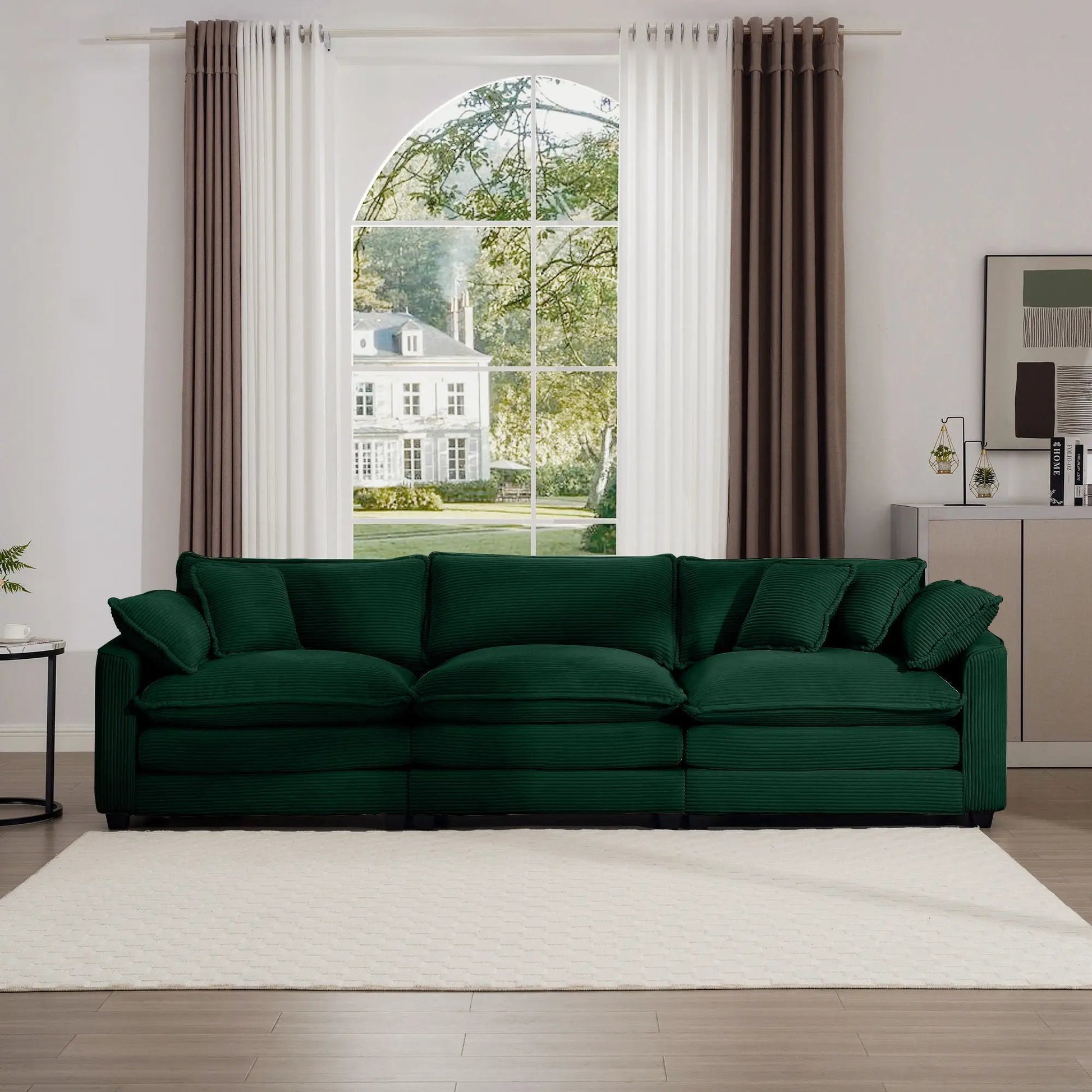 Mid-Century Modern 3 Seater Sectional Sofa in emerald green fabric with arm and throw pillows on Tampa Home & Garden Store
