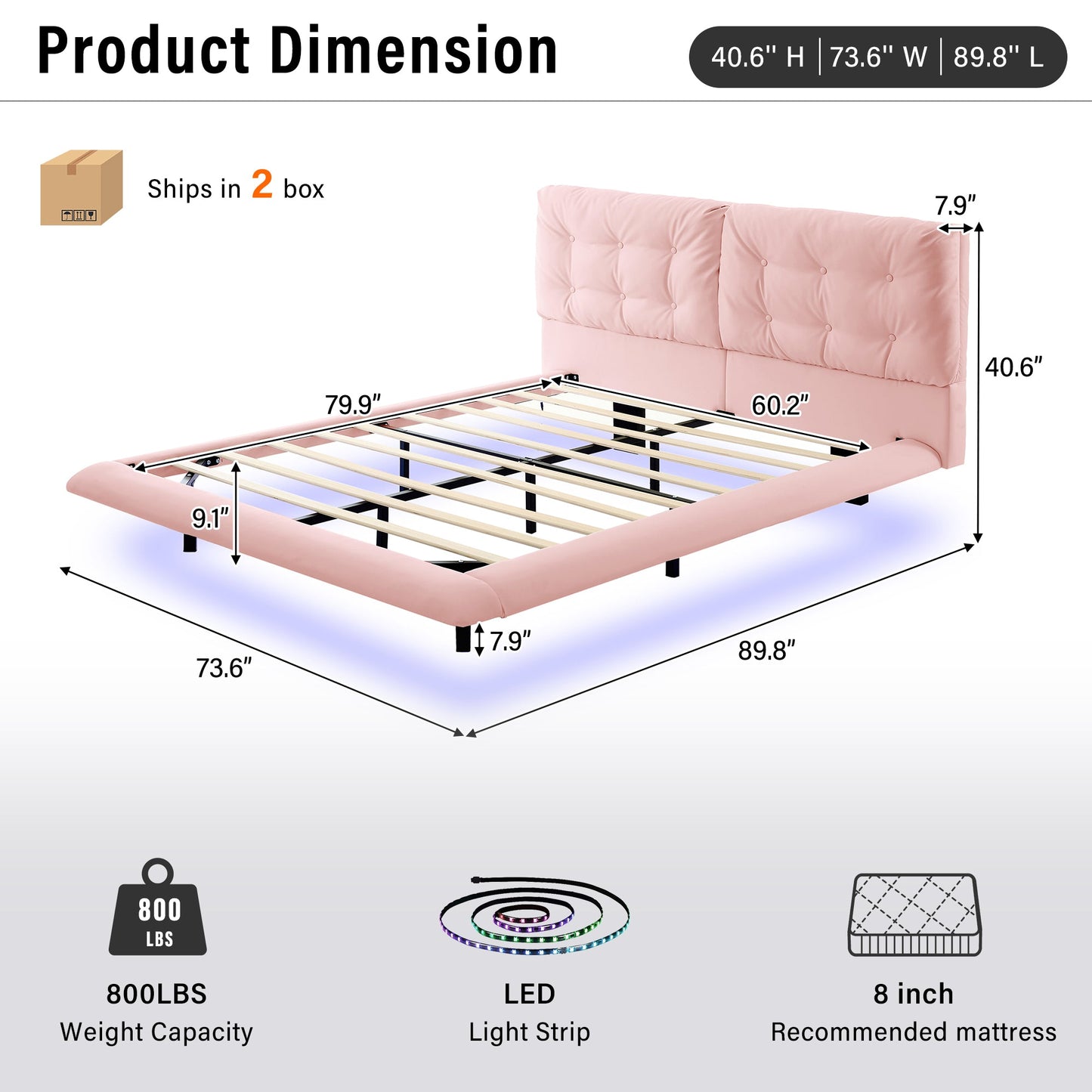 Queen Size Upholstered Bed Frame with Led Lights