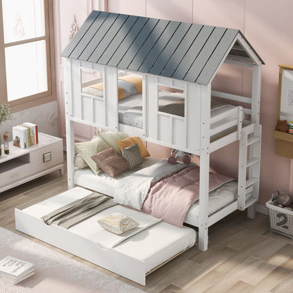 Twin size house bunk bed with gray roof, white frame, windows and trundle on Tampa Home & Garden Store