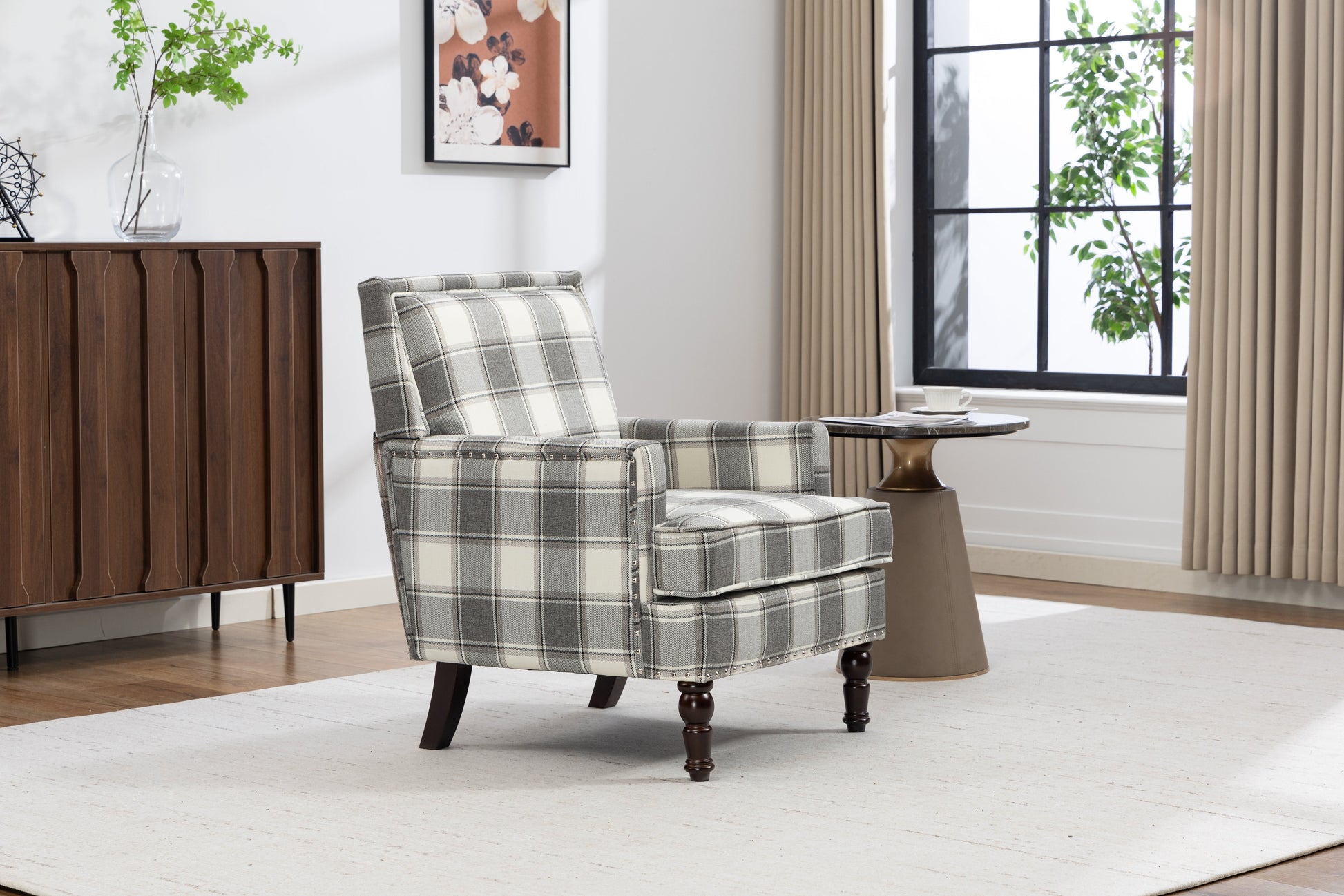 Upholstered Accent Chair gray plaid, vintage armchair with solid wood legs HouseOfZazla on Tampa Home & Garden Store