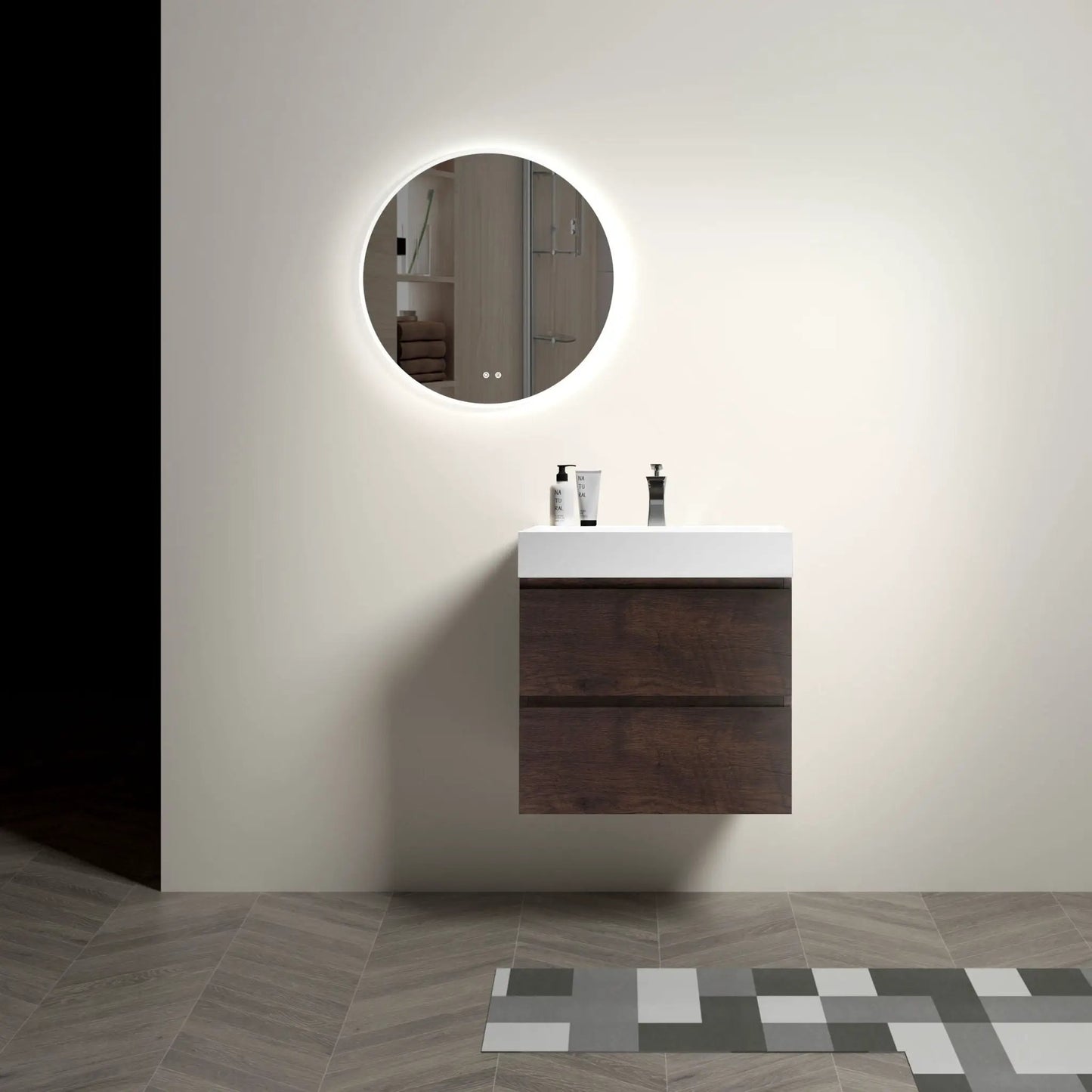 Alice wall-mounted bathroom vanity with white top and dark wood base round backlit mirror on Tampa Home & Garden Store
