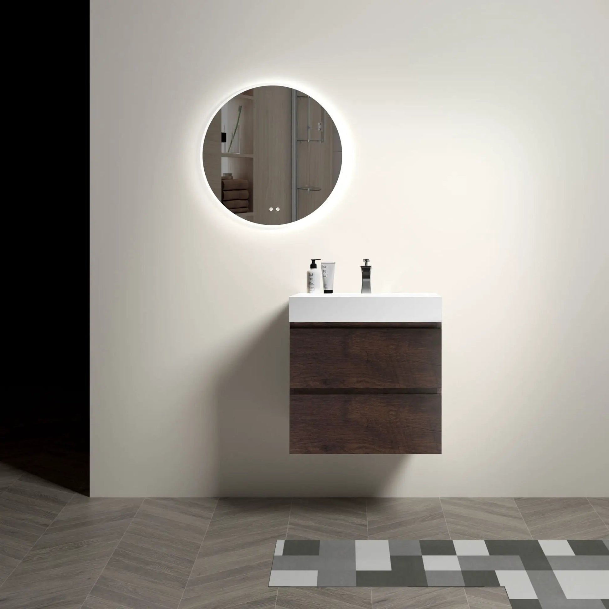 Alice wall-mounted bathroom vanity with white top and dark wood base round backlit mirror on Tampa Home & Garden Store