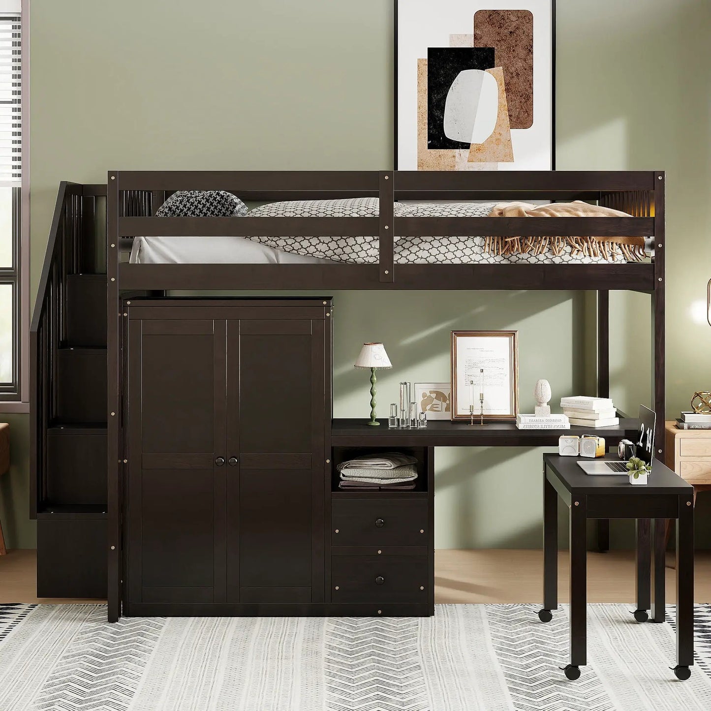 Loft bed with stairs, wardrobe, desk and drawers in dark brown finish by Unique Piece Furniture on Tampa Home & Garden Store