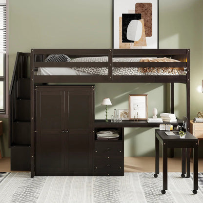 Loft bed with stairs, wardrobe, desk and drawers in dark brown finish by Unique Piece Furniture on Tampa Home & Garden Store