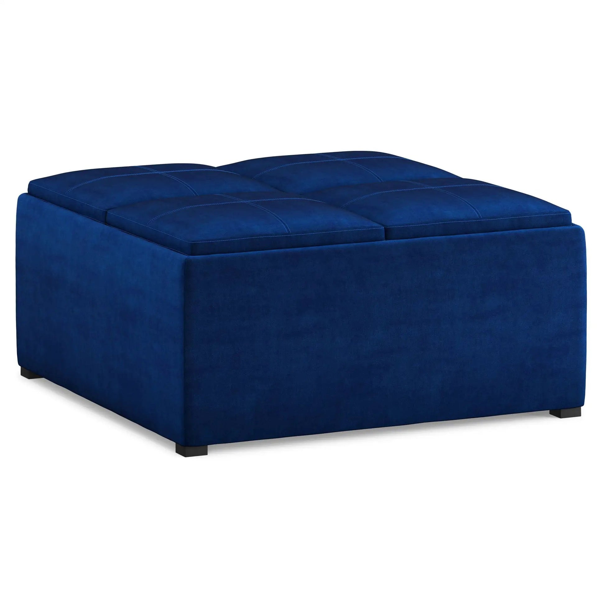 Avalon square blue velvet storage ottoman with quilted top on Tampa Home & Garden Store