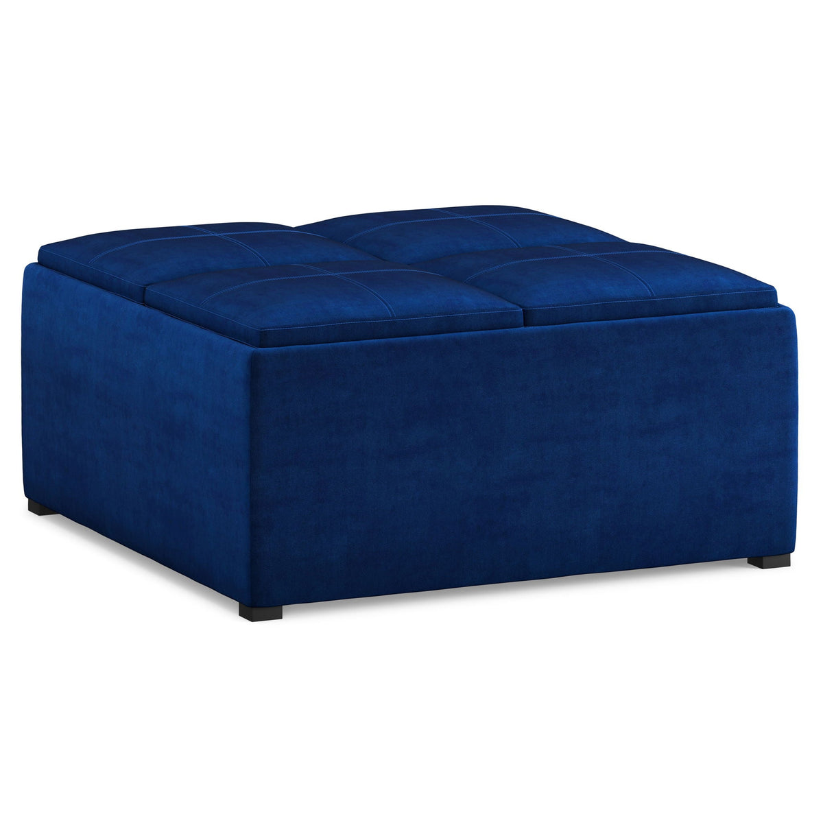 Avalon Square Ottoman Coffee Table With Trays in blue velvet, tufted top storage ottoman on Tampa Home & Garden Store