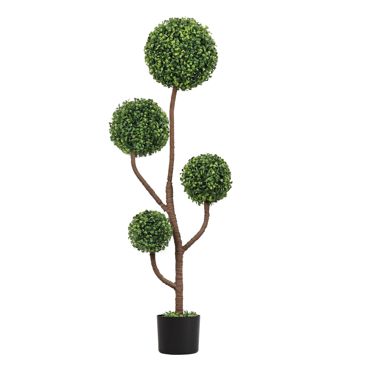 4ft Tall Artificial Boxwood Topiary Tree with green spheres on brown trunks in black pot on Tampa Home & Garden Store