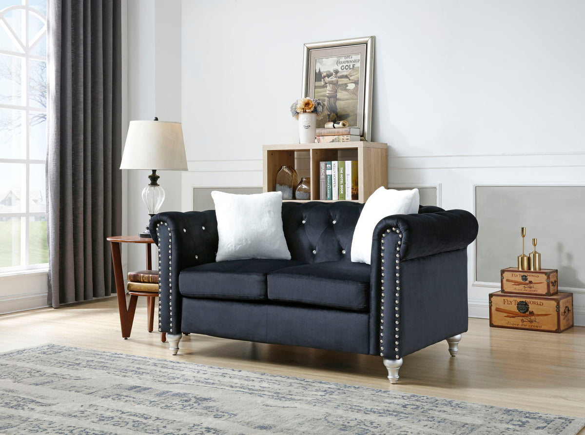 HouseOfZazla contemporary jeweled tufted loveseat navy velvet with nailhead trim on Tampa Home & Garden Store