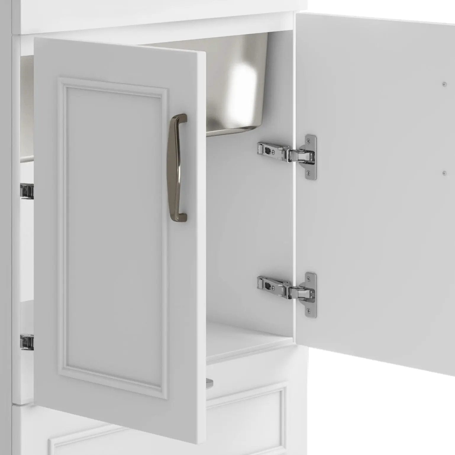 Cardinal laundry cabinet with faucet and sink in white wood finish, door open on Tampa Home & Garden Store