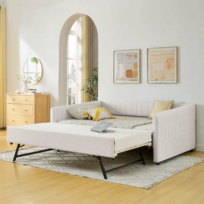 Upholstered daybed with trundle in light grey fabric, vertical stripe detail in a living room on Tampa Home & Garden Store