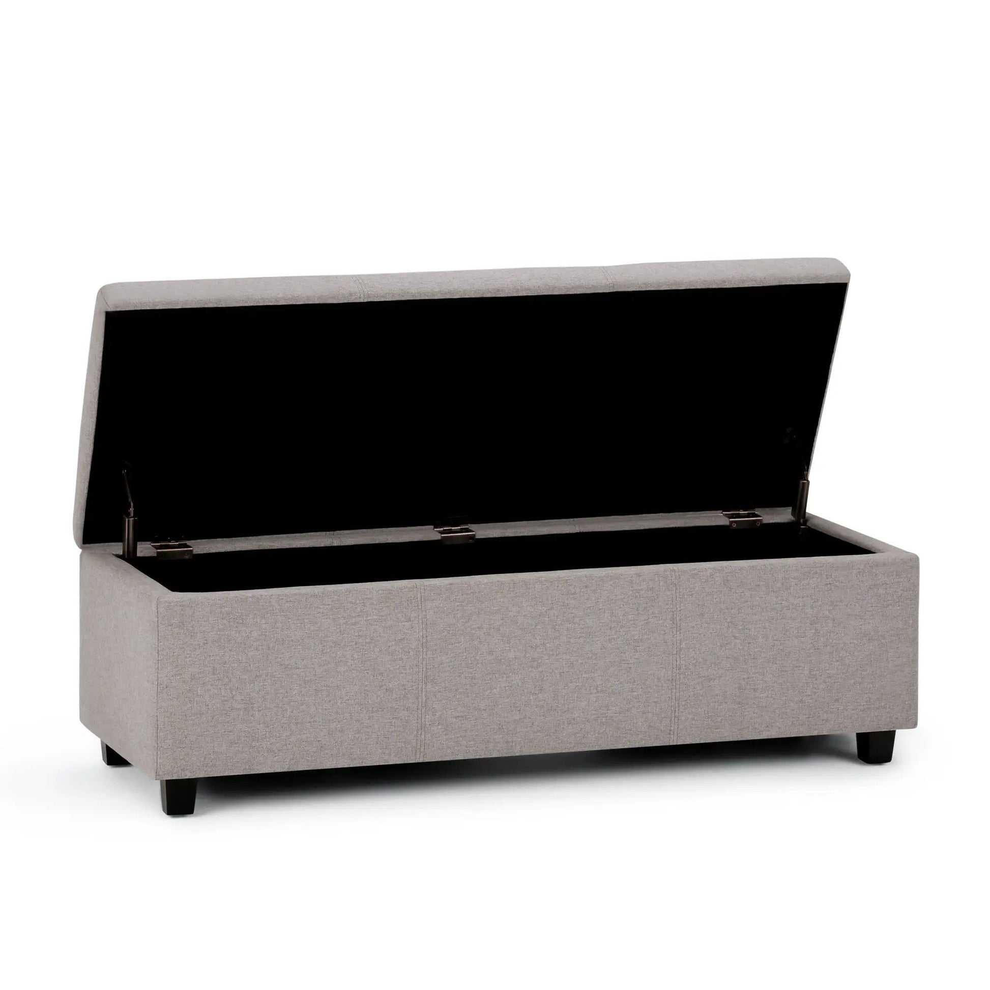 Avalon storage ottoman bench in gray fabric, opens to reveal hidden storage on Tampa Home & Garden Store