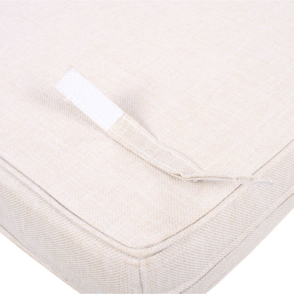 Beige woven outdoor chair cushion with white fabric tag on Tampa Home & Garden Store