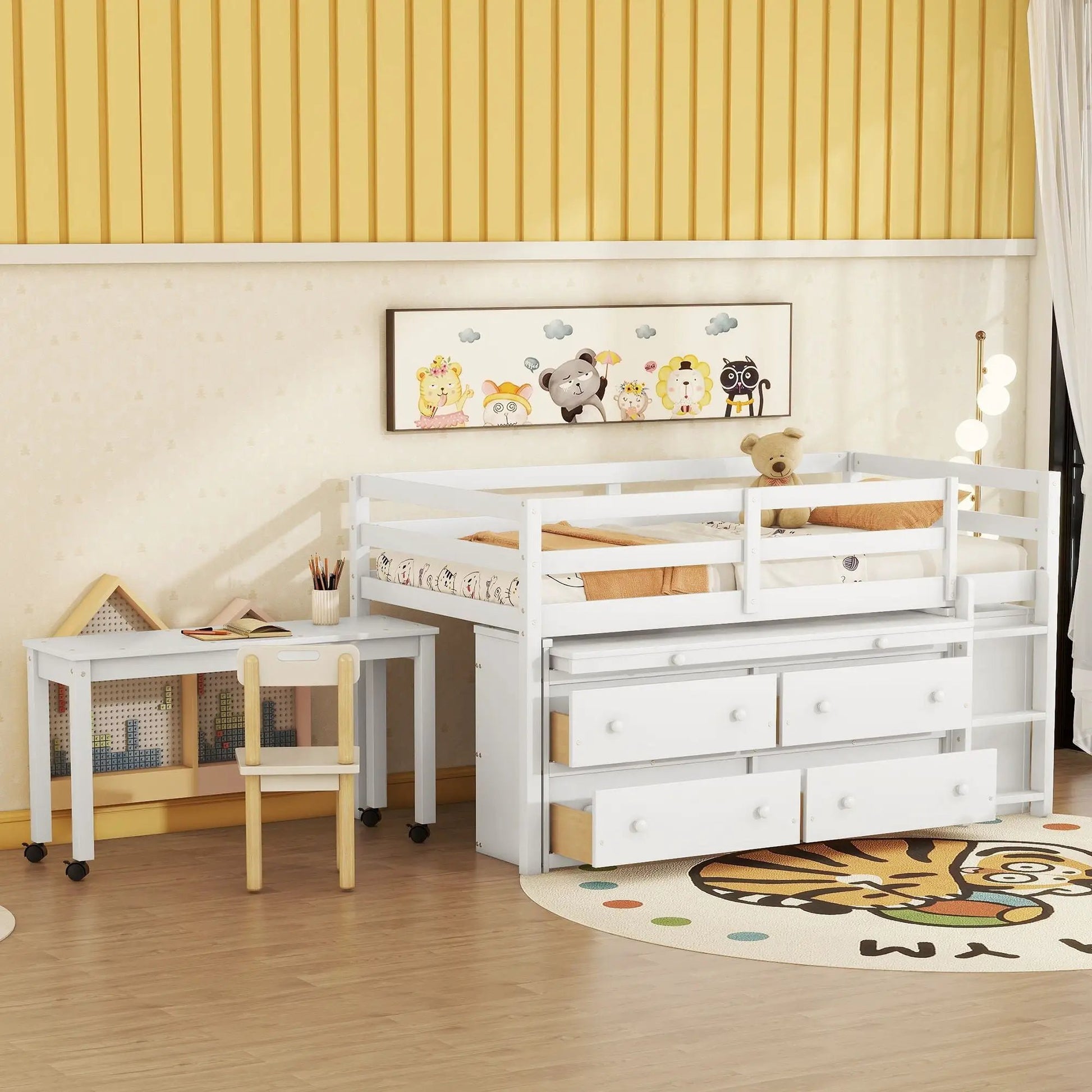 Loft bed with retractable writing desk and 4 drawers with lateral desk and shelves, white on Tampa Home & Garden Store