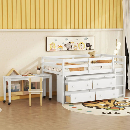 Loft bed with retractable writing desk and 4 drawers with lateral desk and shelves, white on Tampa Home & Garden Store