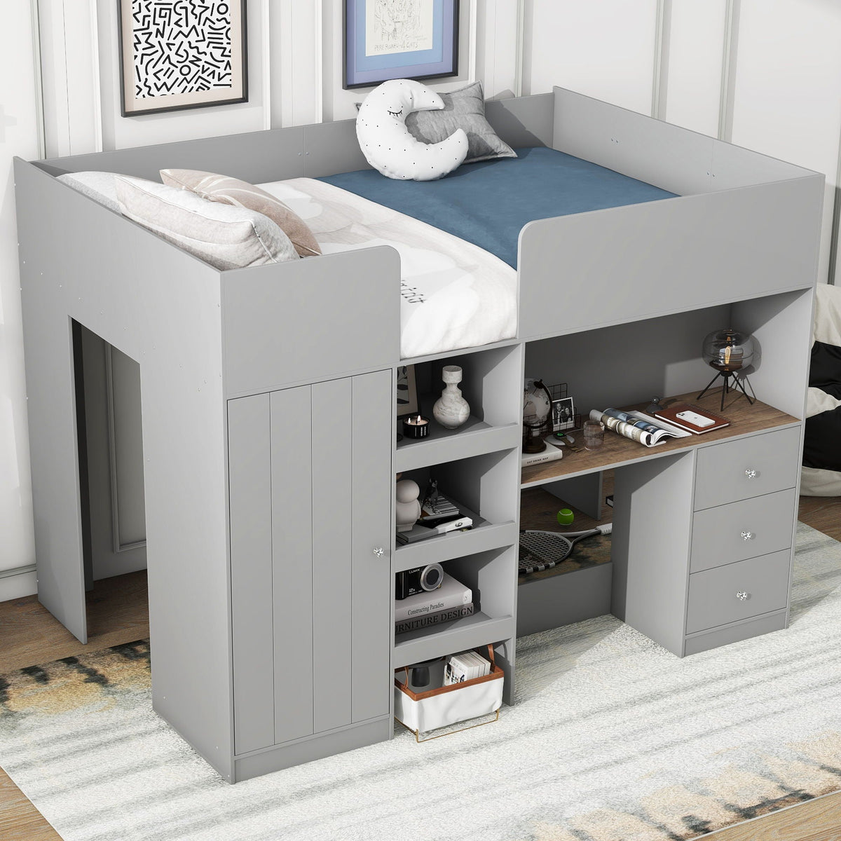 Loft bed with built-in wardrobe, desk, shelves and drawers in gray by HouseOfZazla on Tampa Home & Garden Store