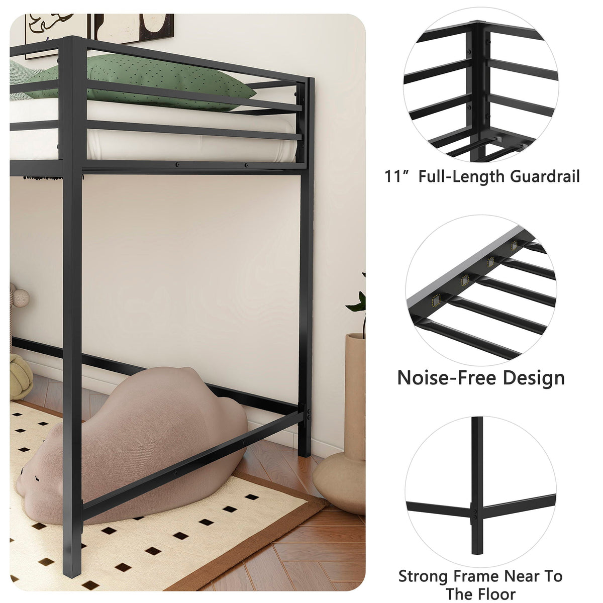 Black steel twin loft bed by HouseOfZazla with full-length guardrails and reversible ladder on Tampa Home & Garden Store