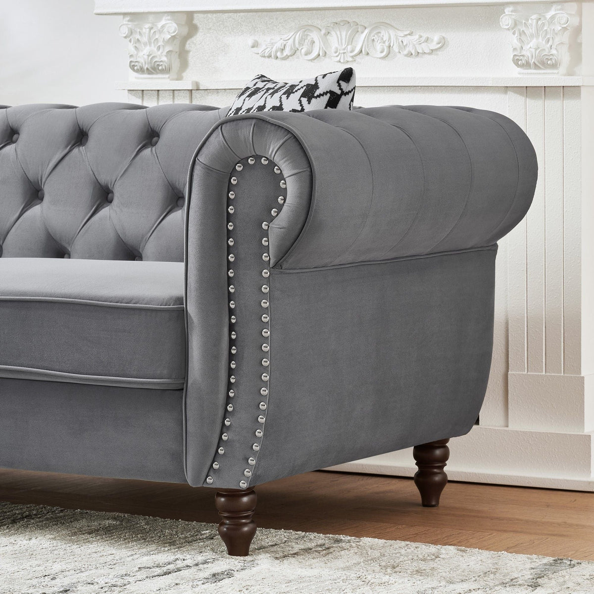 Chesterfield sofa gray fabric with roll arms and nailhead trim, 2-piece HouseOfZazla set on Tampa Home & Garden Store