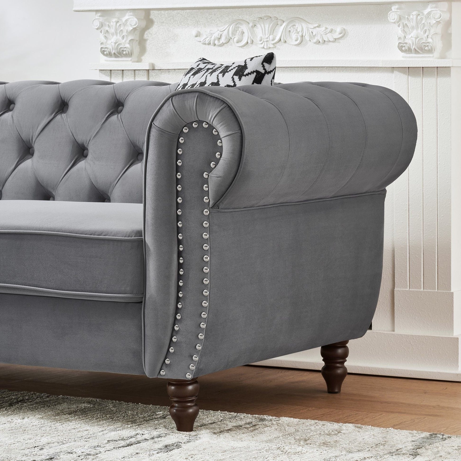 Chesterfield sofa gray fabric with roll arms and nailhead trim, 2-piece HouseOfZazla set on Tampa Home & Garden Store
