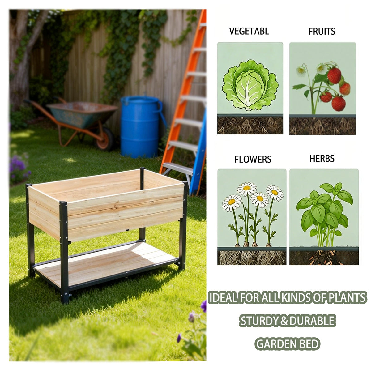 Solid Wood Raised Garden Bed with Iron Frame in natural wood by HouseOfZazla on Tampa Home & Garden Store