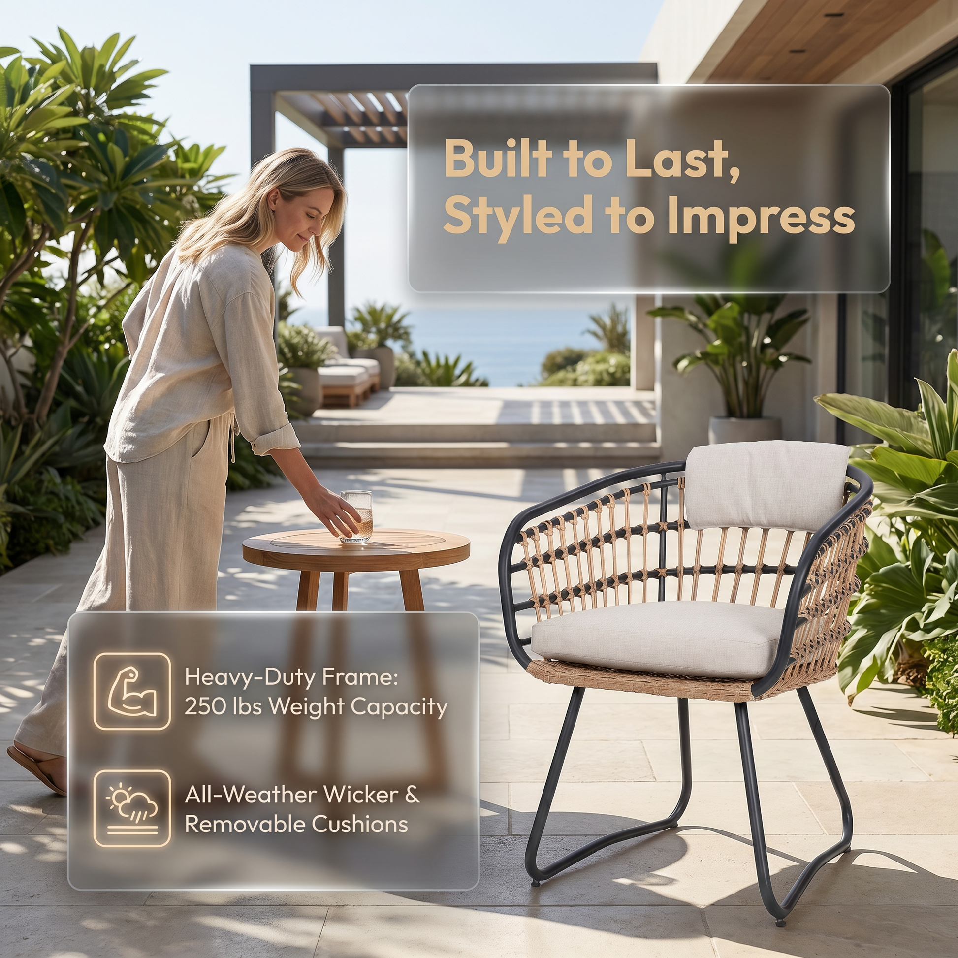 Outdoor wicker dining chairs set of 2 with beige cushions, HouseOfZazla patio seating on Tampa Home & Garden Store