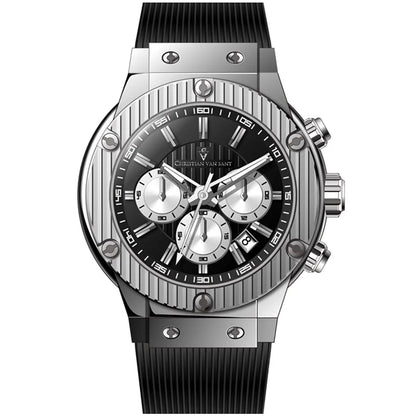 Christian Van Sant Monarchy chronograph watch with black dial, silver subdials, stainless steel case on Tampa Home & Garden Store