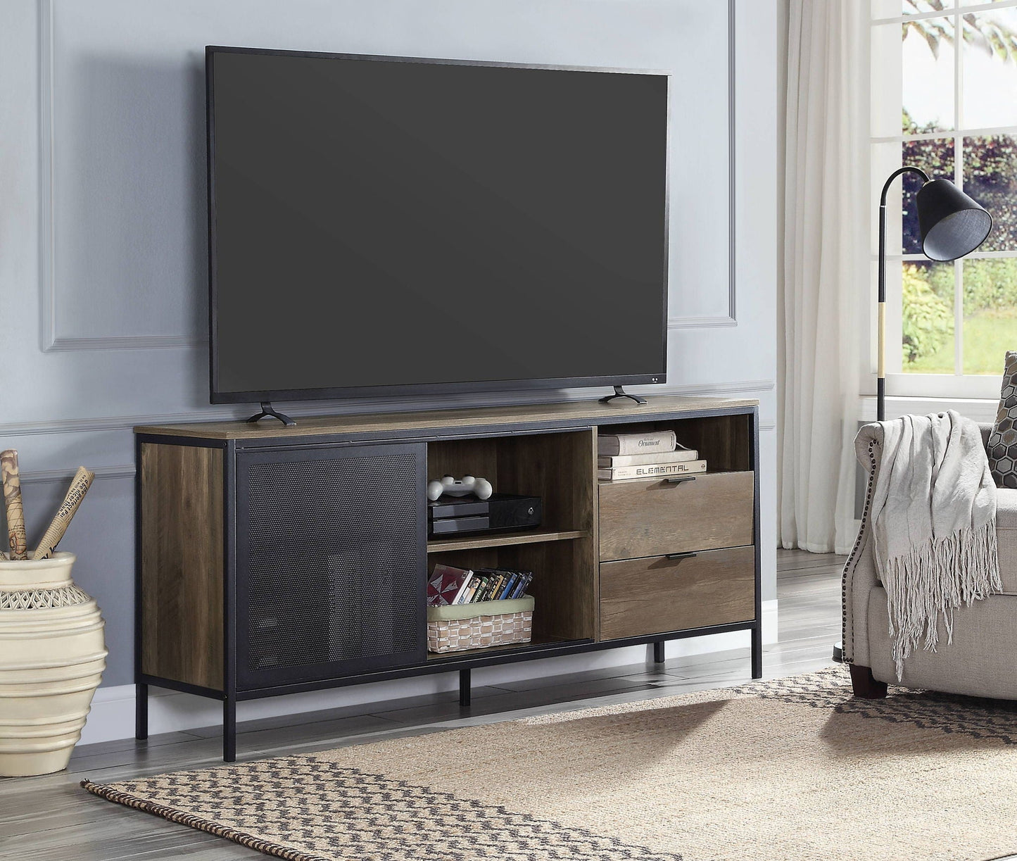 Nantan Rustic TV Stand by HouseOfZazla, dark wood finish with black metal frame and shelving on Tampa Home & Garden Store