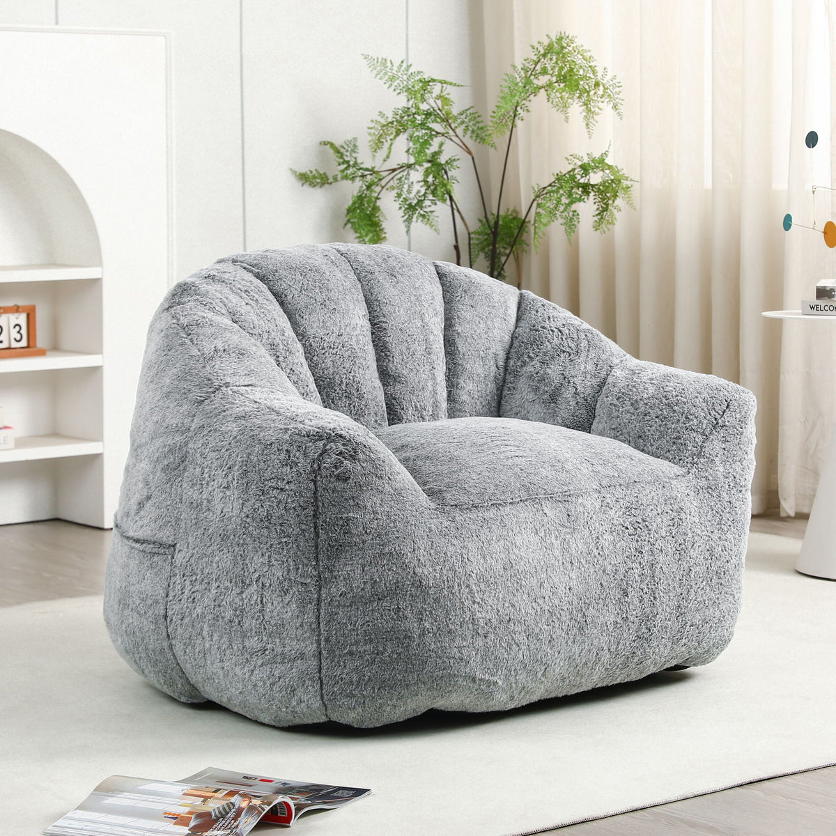 Beanbag sofa chair with armrests in grey plush fabric, stuffed with high density foam on Tampa Home & Garden Store