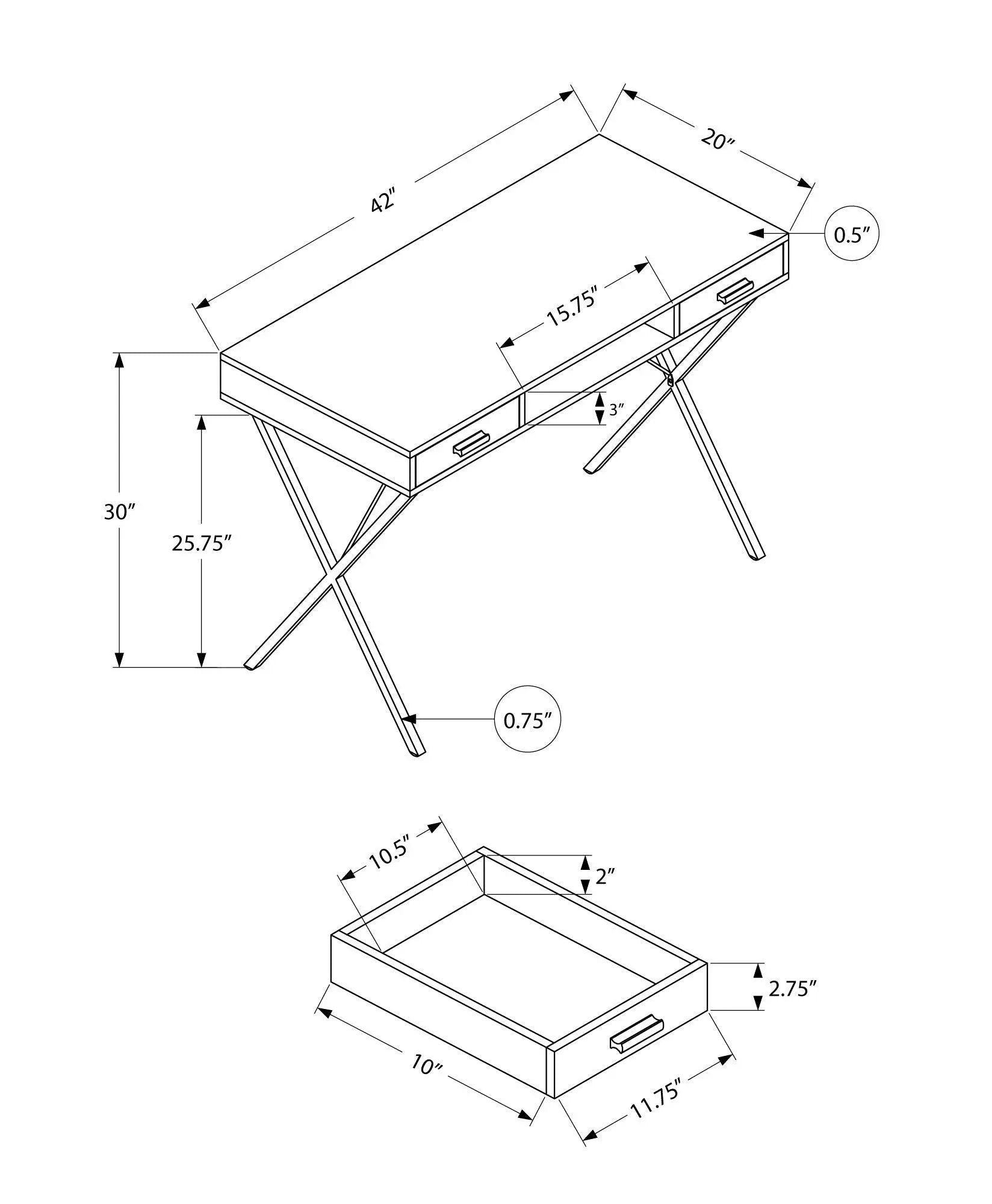 Computer desk with marble laminate top, black metal X-frame, 2 drawers, left/right setup on Tampa Home & Garden Store