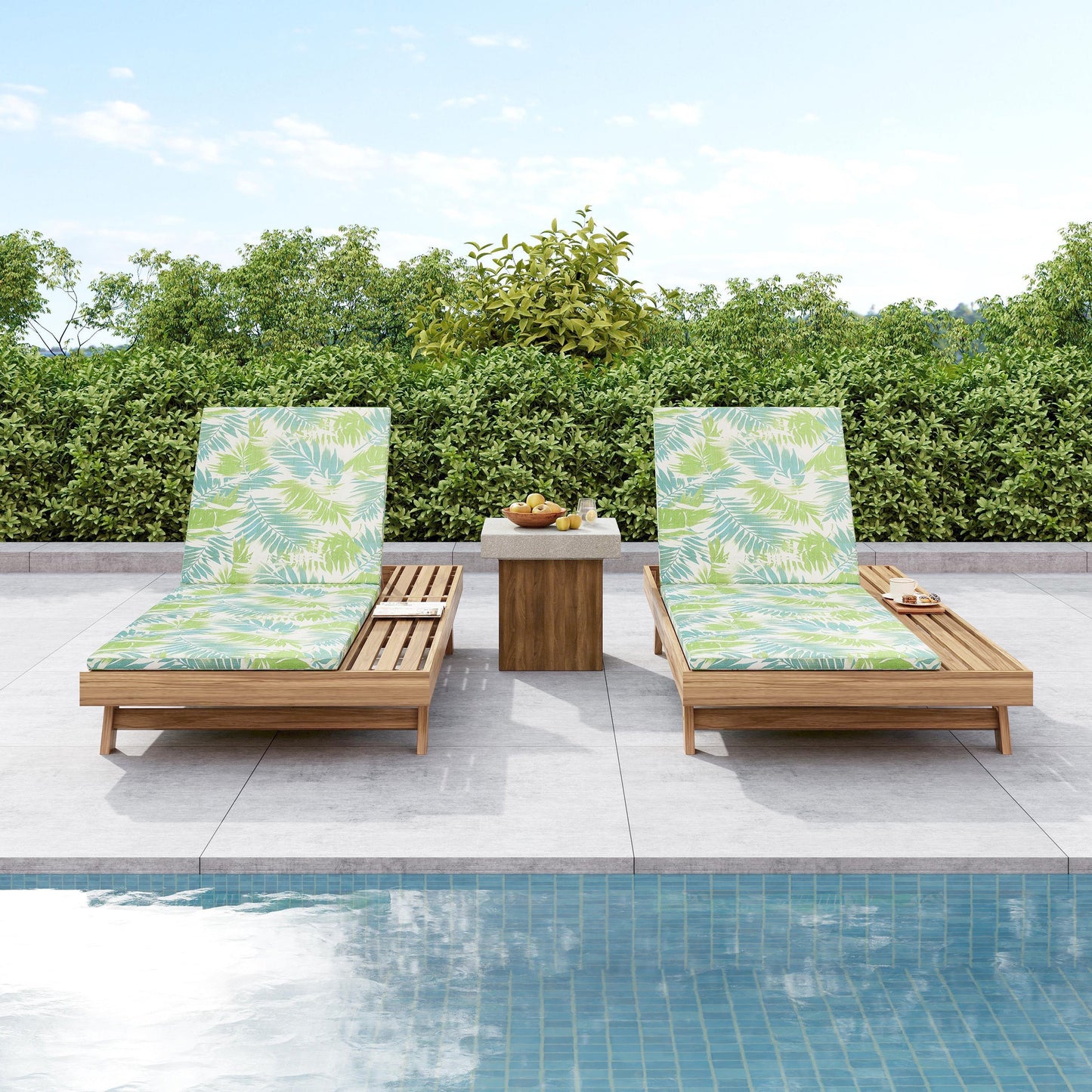 Outdoor lounge chaise set in light brown acacia with leaf coconut 2-inch cushions set of 2 on Tampa Home & Garden Store