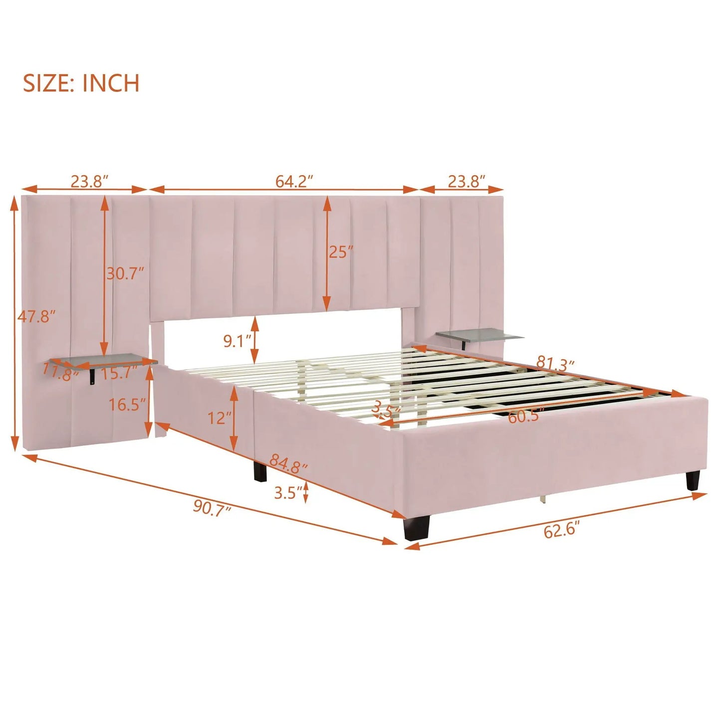 Upholstered platform bed with large headboard in blush fabric by Unique Piece Furniture on Tampa Home & Garden Store