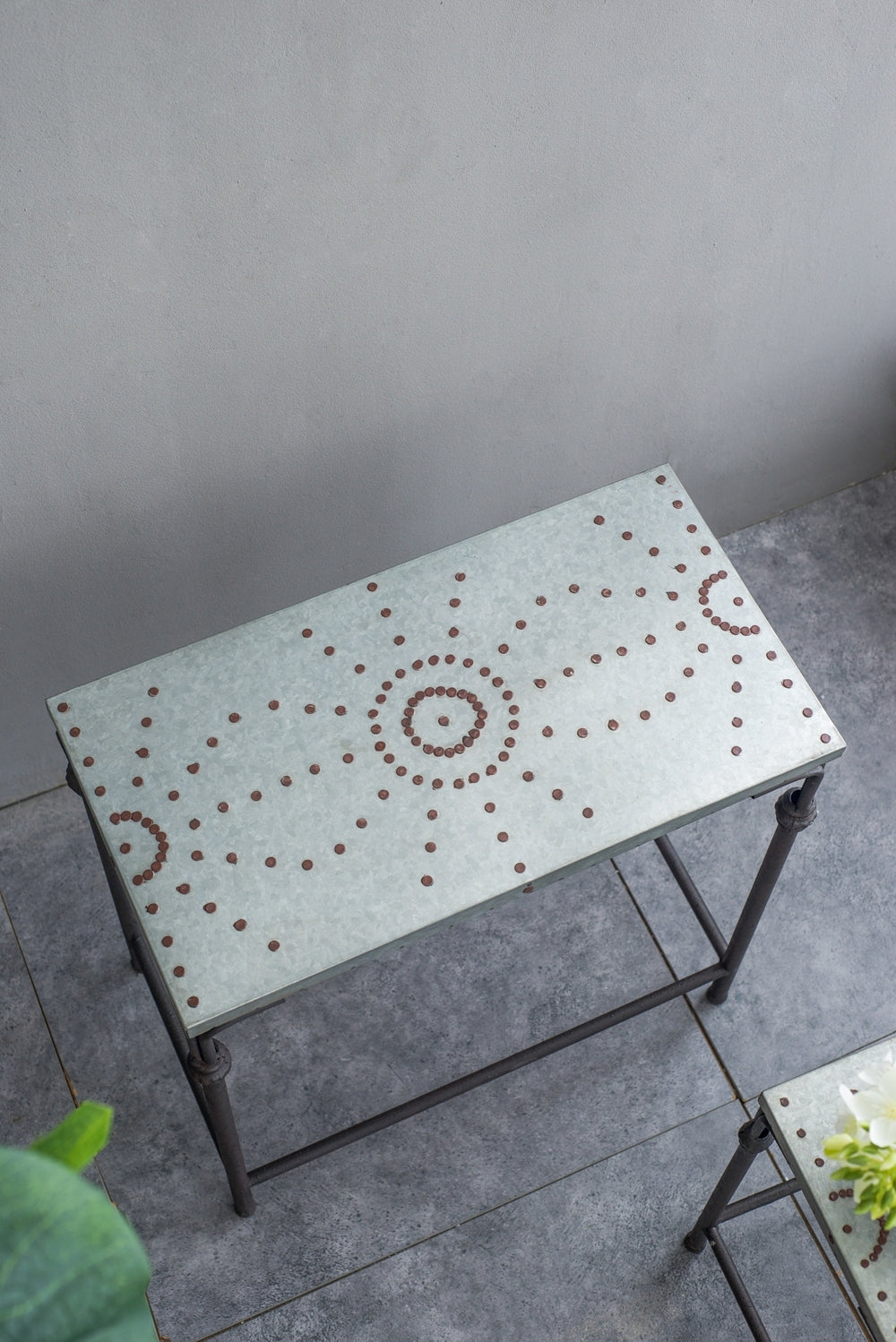 Gilbert nesting tables set of 3 metal plant stands with galvanized surface and dot pattern on Tampa Home & Garden Store