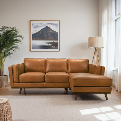 Chase sectional sofa by HouseOfZazla in tan leather with chaise and wood legs on Tampa Home & Garden Store