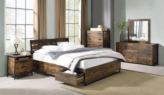 Juvanth Rustic Bed panel bed in dark wood with footboard drawers and 2 matching nightstands on Tampa Home & Garden Store