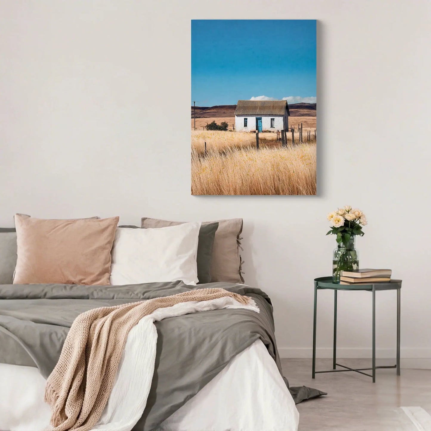 Canvas Art: House and barn scene in Natural/Blue tones, white cottage with blue door on Tampa Home & Garden Store