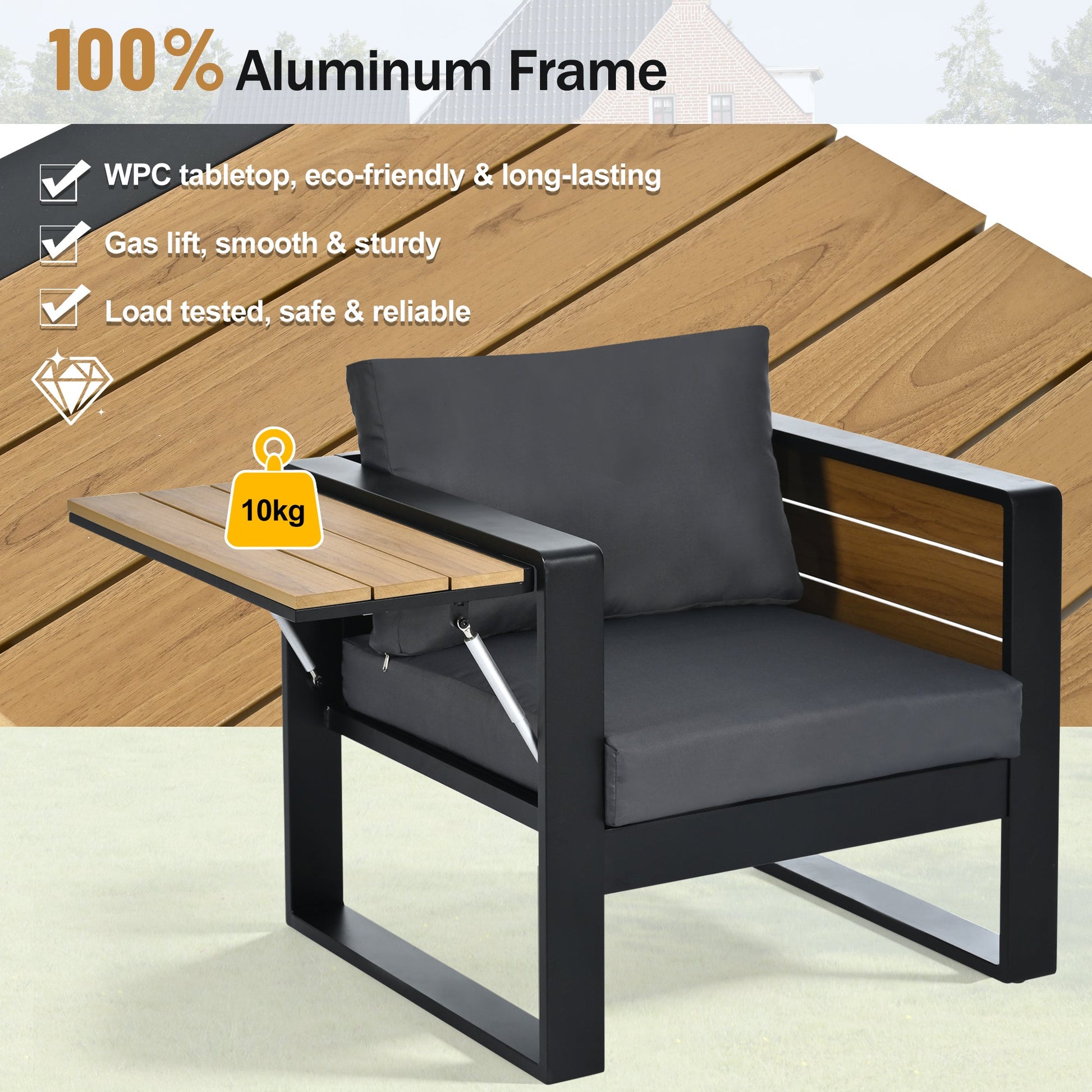 Aluminum-framed 4-piece patio set for 5 with black cushions and wood slat table on Tampa Home & Garden Store