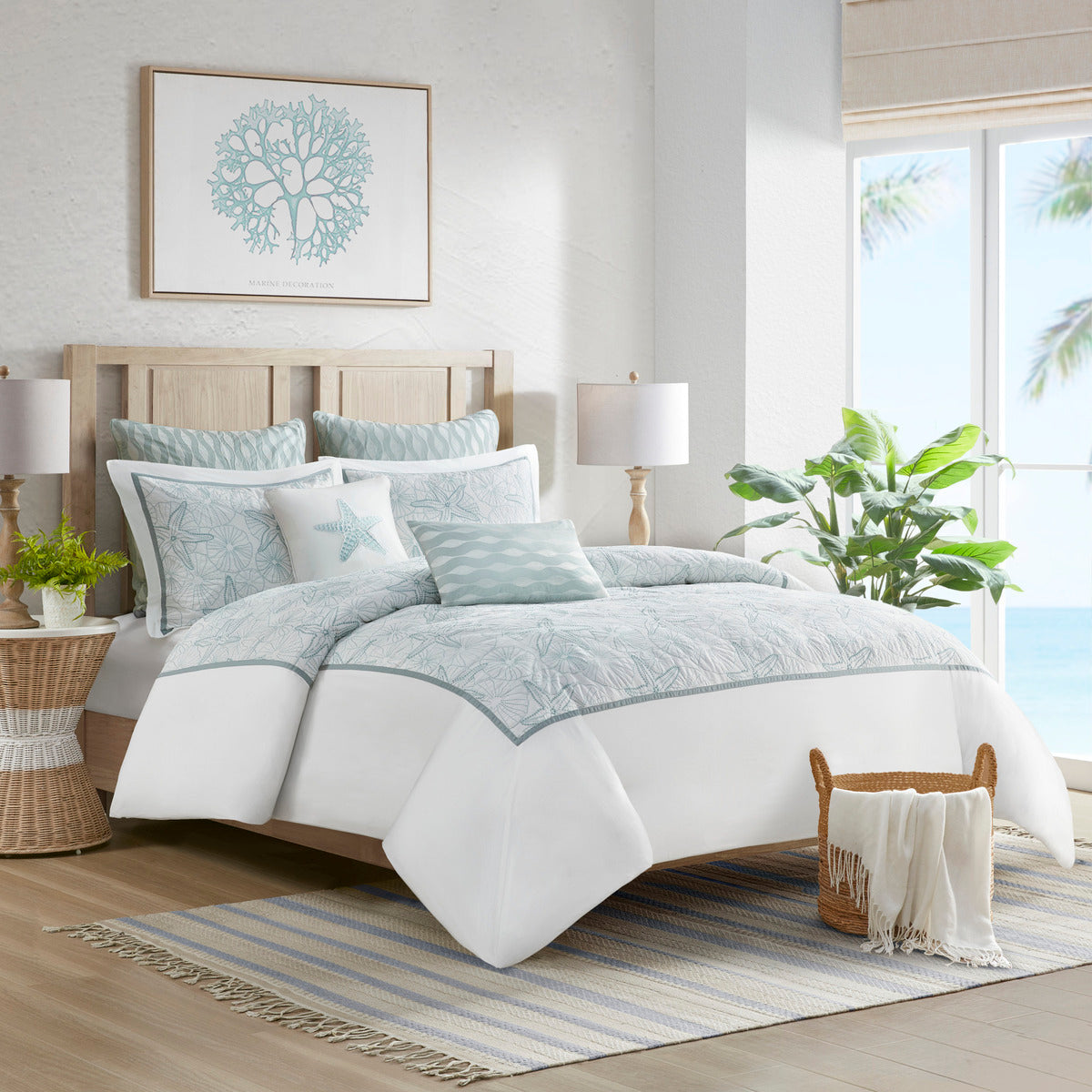 White cotton duvet cover mini set with embroidered seashells Full/Queen by HouseOfZazla on Tampa Home & Garden Store
