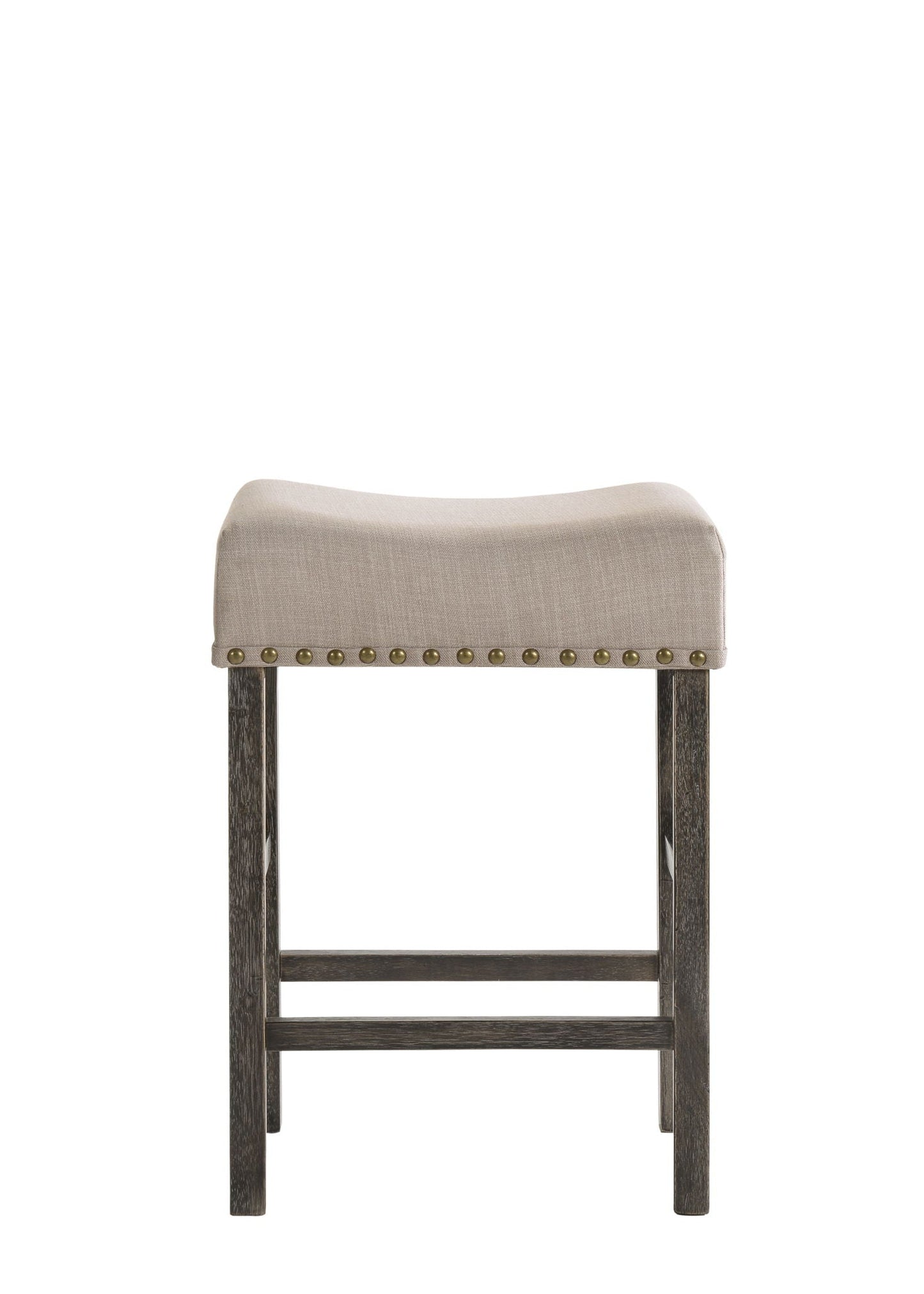 Martha II Weathered Counter Height Stool, set of 2, gray/tan fabric with brass nailhead trim on Tampa Home & Garden Store