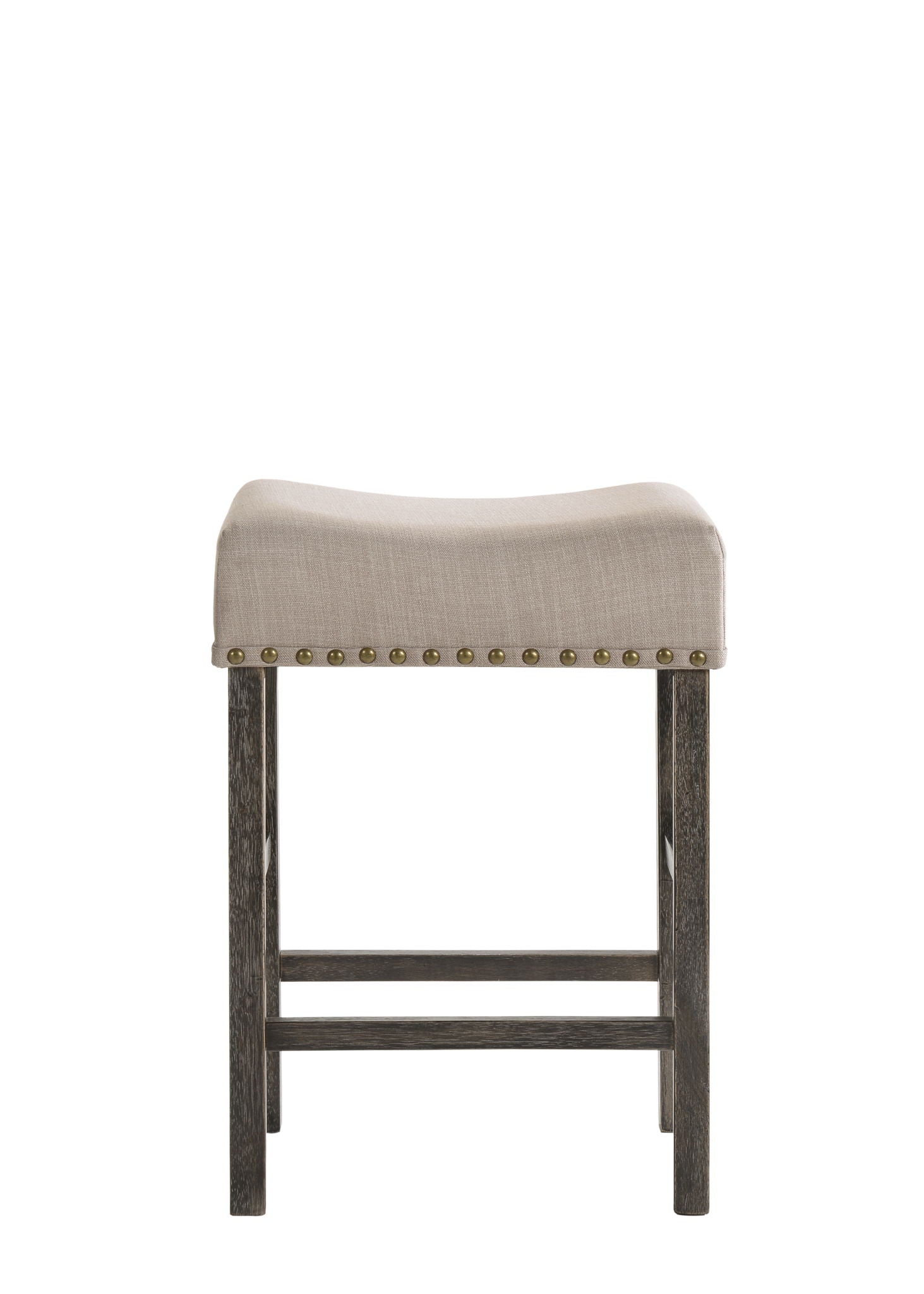 Martha II Weathered Counter Height Stool, set of 2, gray/tan fabric with brass nailhead trim on Tampa Home & Garden Store