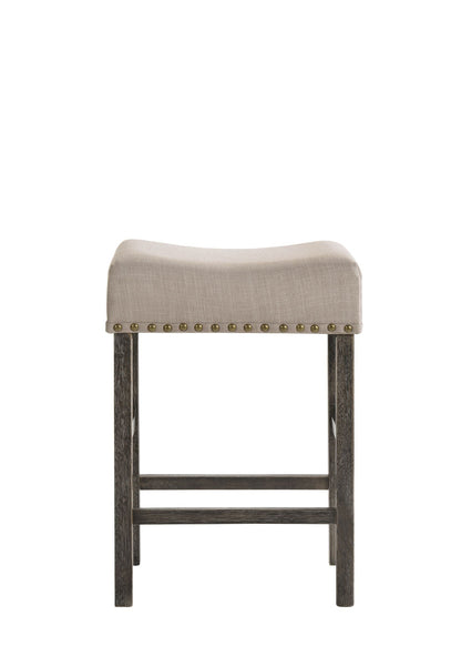 Martha II Weathered Counter Height Stool, set of 2, gray/tan fabric with brass nailhead trim on Tampa Home & Garden Store