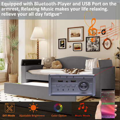 Upholstered Daybed with Storage Armrests, Trundle and Bluetooth Audio by HouseOfZazla, gray on Tampa Home & Garden Store