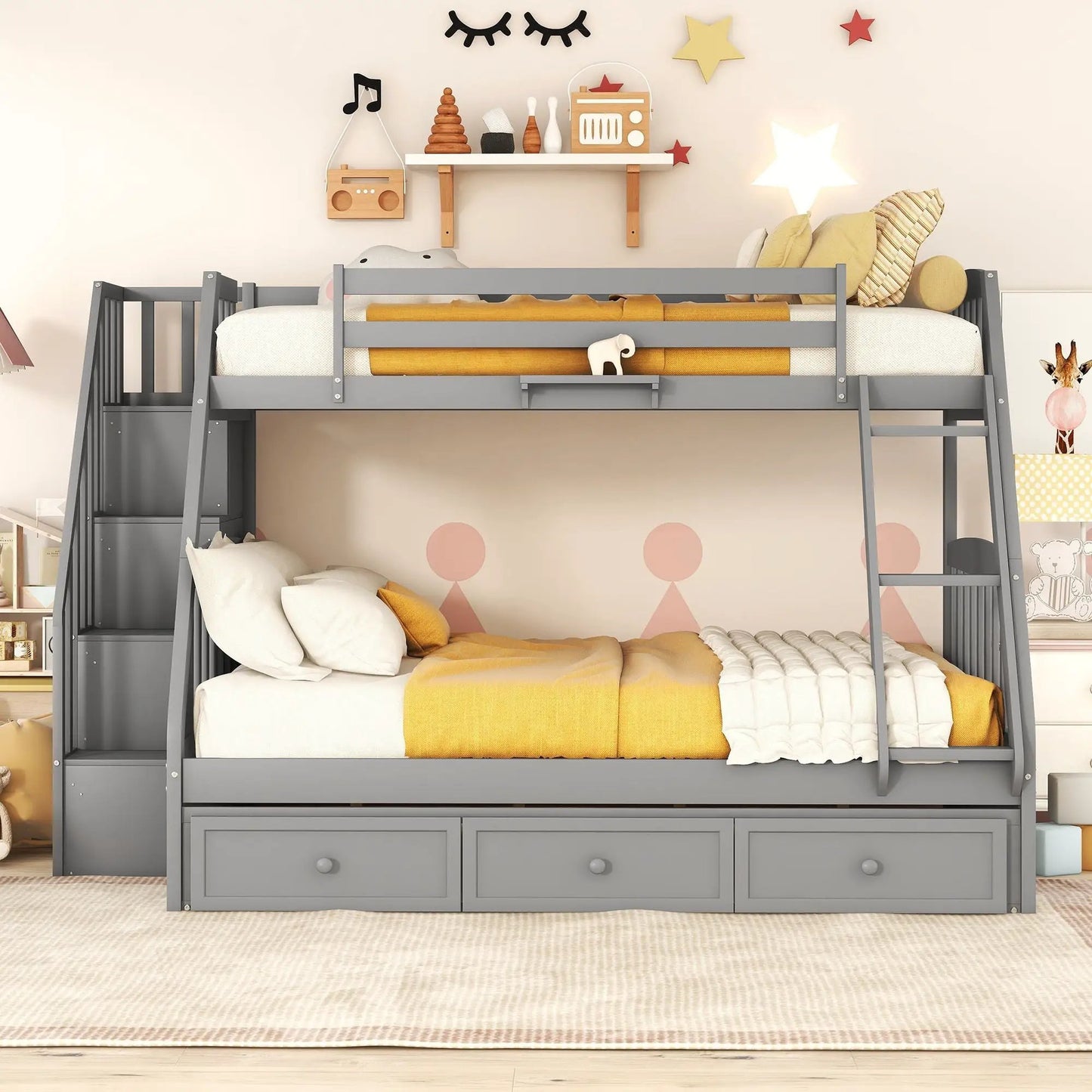 Bunk Bed With Drawers, Ladder And Storage Staircase, gray finish, Unique Piece Furniture on Tampa Home & Garden Store