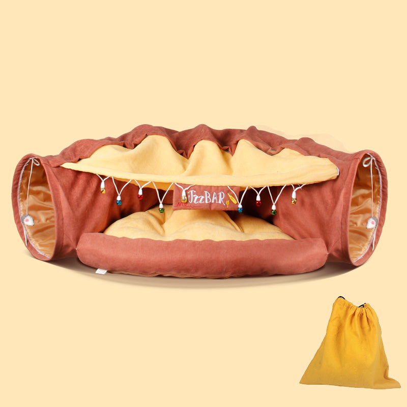 Four Seasons Universal Cat Tunnel Bed by Sell My Stuff brown and tan plush two-piece set with bead garland on Tampa Home & Garden Store