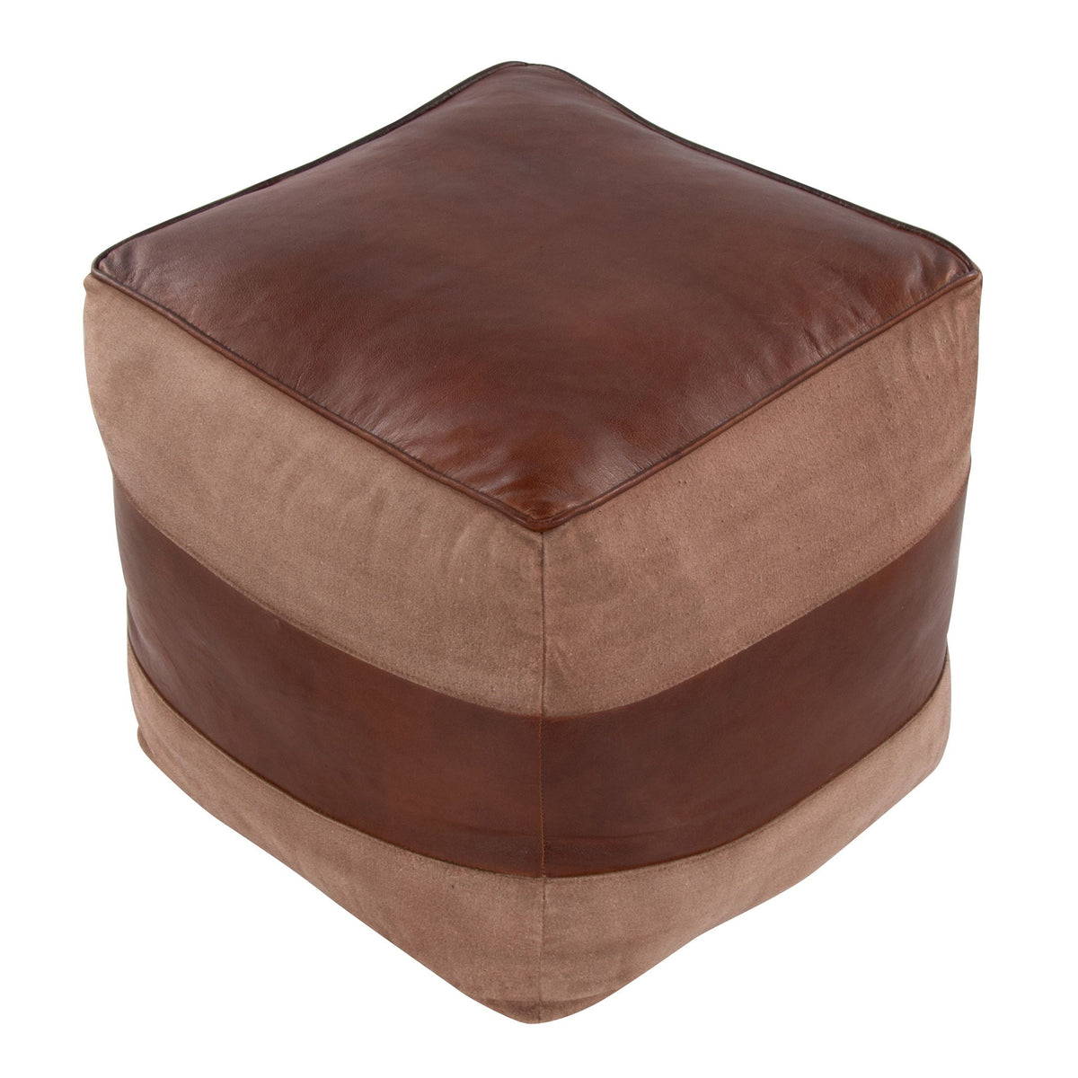 Industrial pouf ottoman with dark brown leather top and lighter brown suede body on Tampa Home & Garden Store
